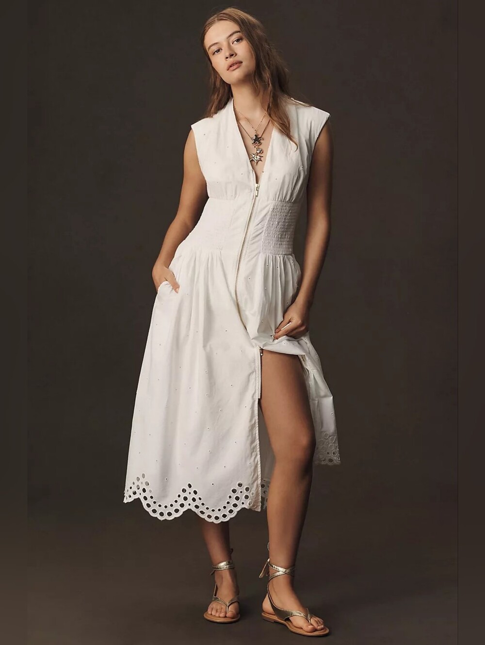 Anthropologie The Tommie Cap-Sleeve Smocked Zip Eyelet trim Dress Medium New M